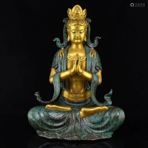 Chinese Gilt Gold Turquoise Glaze Porcelain Kwan-yin Statue ...