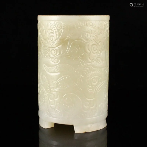 Superb Chinese Qing Dy Hetian Jade Low Relief Brush Pot