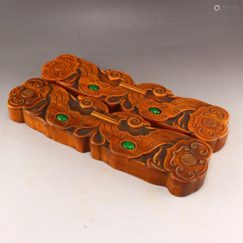 A Pair Vintage Chinese Boxwood Wood Inlay Gems Ruyi Paperwei...