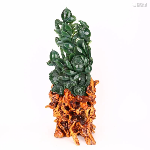 Chinese Natural Green Hetian Jade Lotus Flower Statue w Cert...