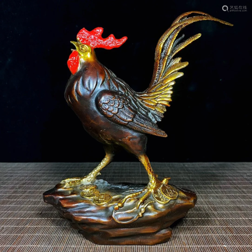 Vintage Chinese Red Copper Fortune Rooster Statue