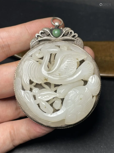 Vintage Chinese Silver inlay Hetian Jade Pendant w Cranes