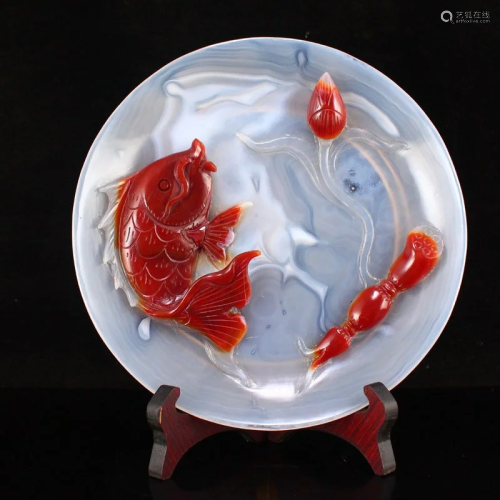 Chinese Agate Low Relief Lotus Flower & Carp Plate w Cer...