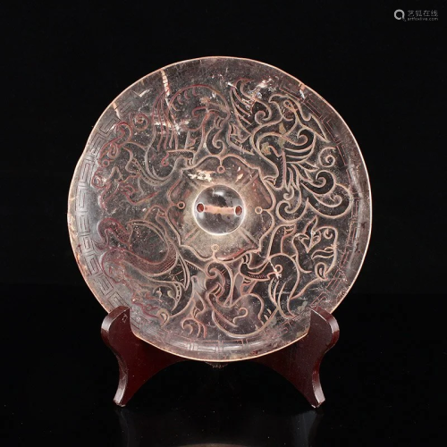 Vintage Chinese Pink Crystal Divine Beast Design Mirror