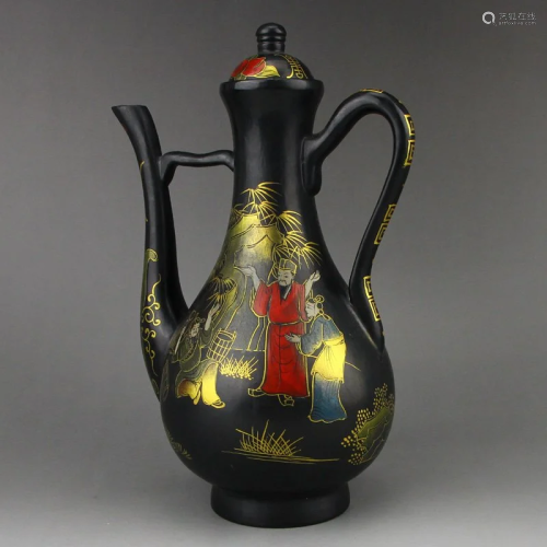 Vintage Chinese Gilt Gold Black Lacquerware Wine Pot