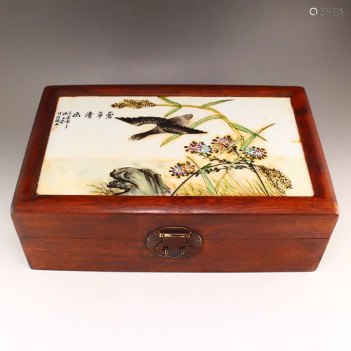 Old Zitan Wood Inlay Porcelain Plate Painting Jewelry Box