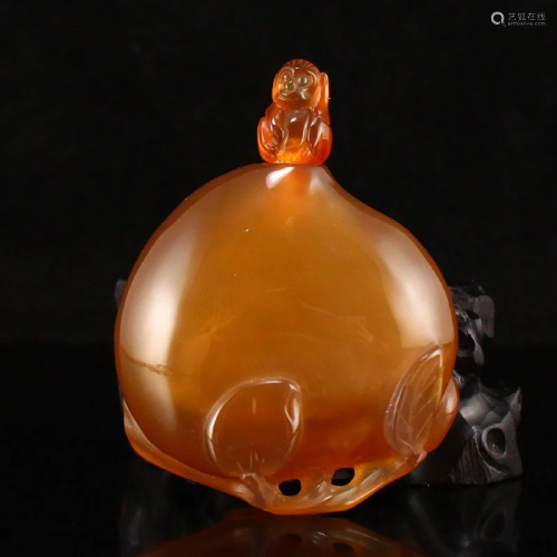 Chinese Agate Carved Monkey & Peach Snuff Bottle