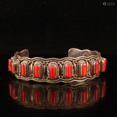 Vintage Pure Silver Inlay Red Coral Bracelet