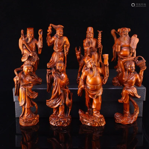 Vintage Chinese Boxwood Wood Eight Taoism Deity Statues