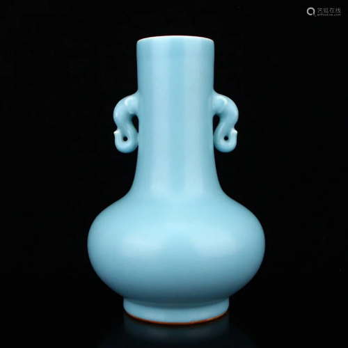 Chinese Sky Blue Glaze Elephant Head Double Ears Porcelain V...