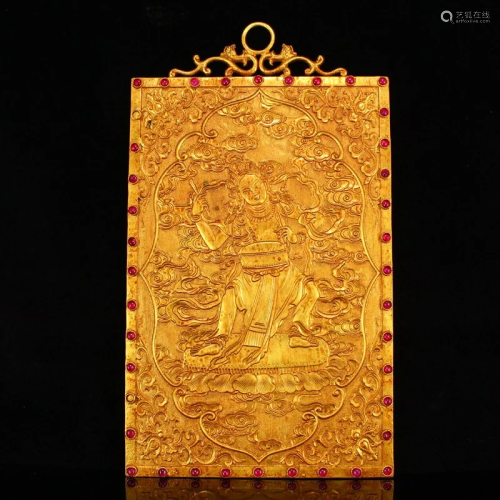 Superb Chinese Gilt Gold Red Copper Boddhisattva & Sutra...