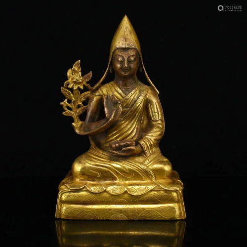 Vintage Tibetan Buddhism Gilt Gold Red Copper Tsongkhapa Sta...