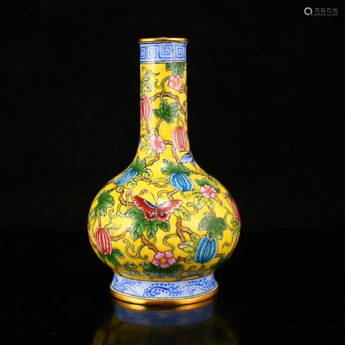 Vintage Chinese Gilt Gold Red Copper Enamel Vase