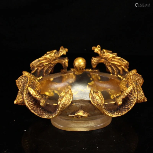 Vintage Gilt Gold Peking Glass Double Dragon Brush Washer