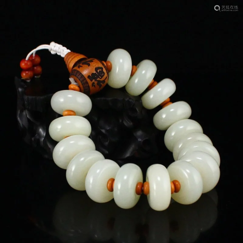 Chinese Natural Hetian Jade Beads Bracelet w Certificate