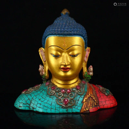 Tibetan Gilt Gold Red Copper Inlay Turquoise & Gem Buddh...