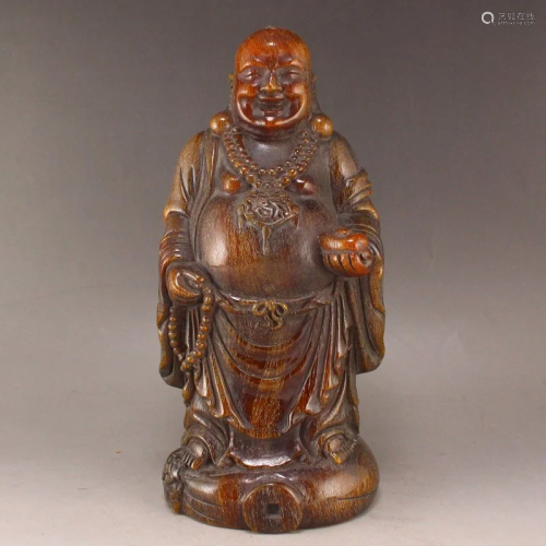 Vintage Ox Horn Laughing Buddha Statue