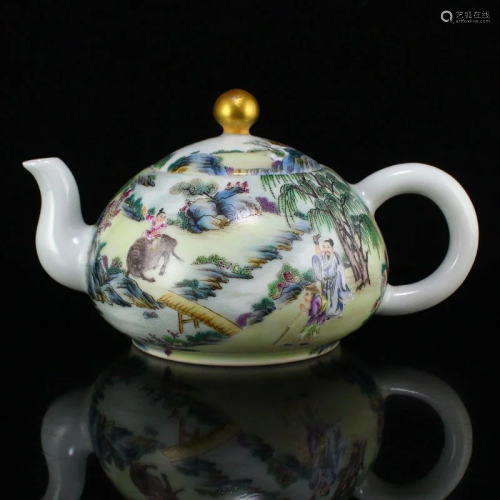 Chinese Gilt Gold Famille Rose Figure Porcelain Teapot w Yon...