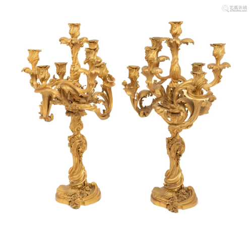 A Pair of Louis XV Style Gilt Bronze Seven-Light Candelabra