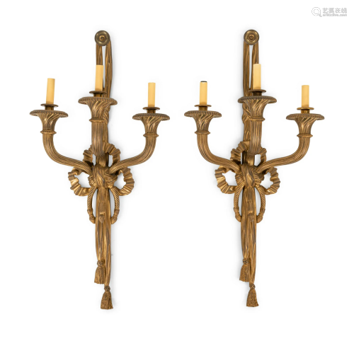 A Pair of Louis XVI Style Gilt Bronze Three-Light Sconces
