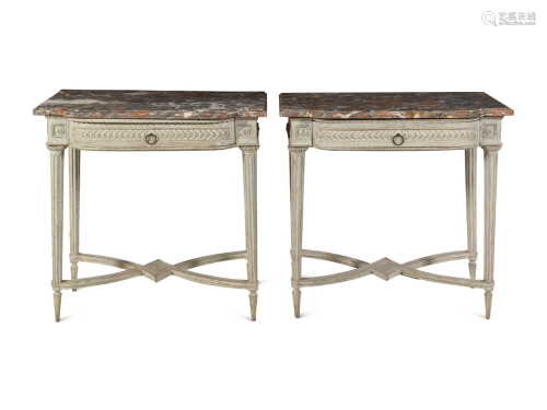 A Pair of Louis XVI Carved and Painted Marble-Top Pier Table...