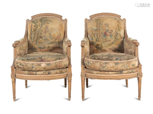 A Pair of Louis XVI Style Tapestry-Upholstered Bergeres