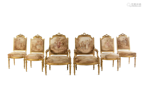 A Louis XVI Style Giltwood Seven-Piece Seating Suite with Au...