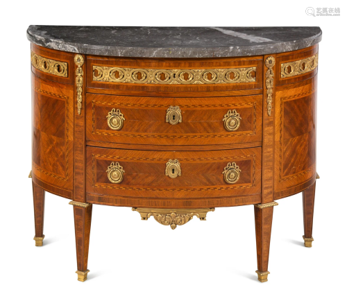 A Louis XVI Gilt Bronze Mounted Parquetry Marble-Top Commode