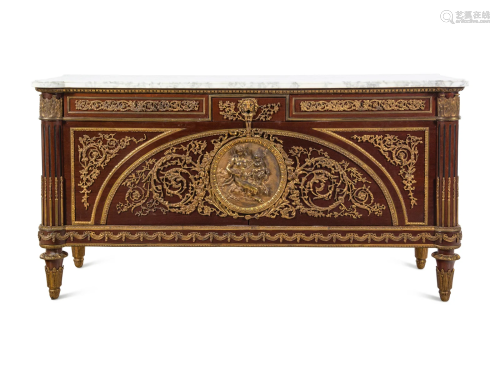 A Louis XVI Style Gilt Bronze Mounted Mahogany Marble-Top Co...