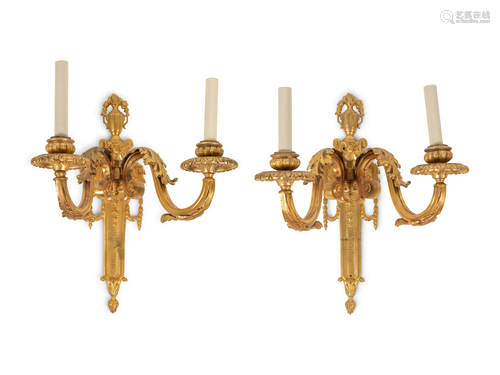 A Pair of Louis XVI Style Gilt Bronze Two-Light Sconces