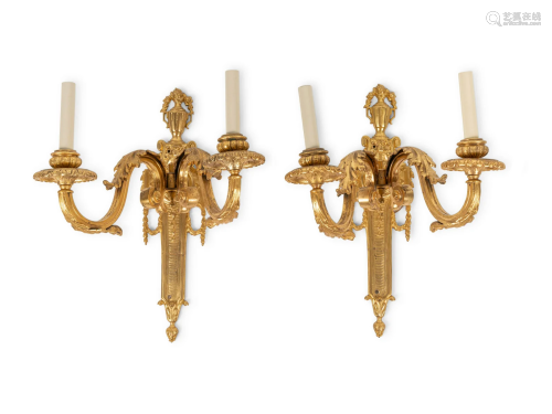 A Pair of Louis XVI Style Gilt Bronze Two-Light Sconces