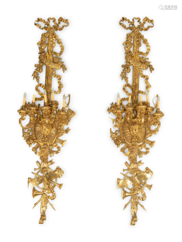 A Set of Four Louis XVI Style Gilt Bronze Five-Light Sconces