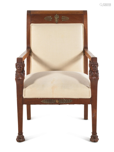 An Empire Style Carved Mahogany Fauteuil