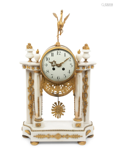 An Empire Gilt Bronze Mounted White Marble Portico Clock
