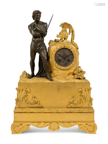 An Empire Gilt and Patinated Bronze Figural Mantel Clock