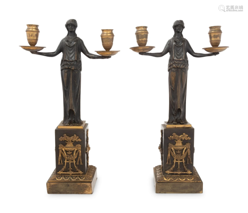 A Pair of Empire Gilt and Patinated Bronze Figural Two-Light...
