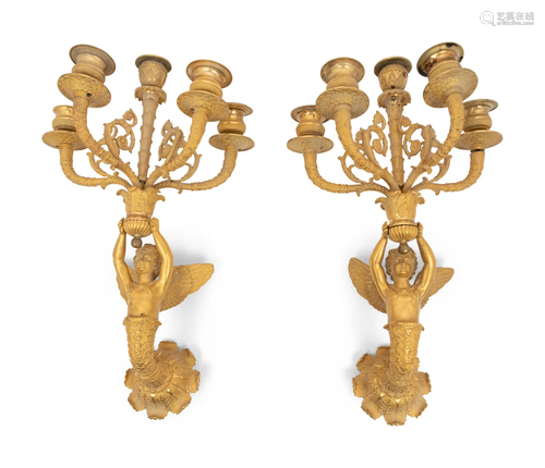 A Pair of Empire Gilt Bronze Five-Light Wall Lights