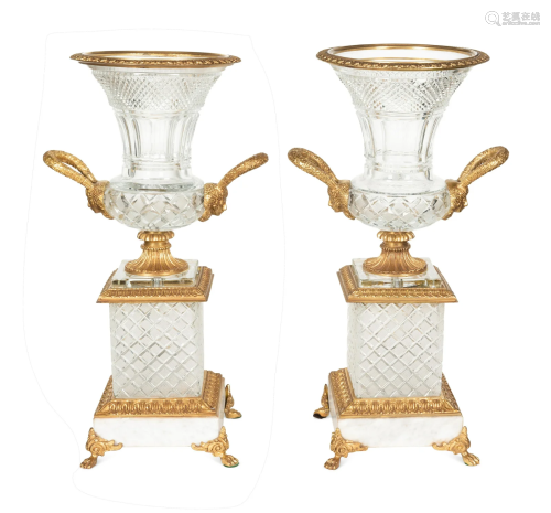 A Pair of Empire Style Gilt Bronze Mounted Cut Glass Urns