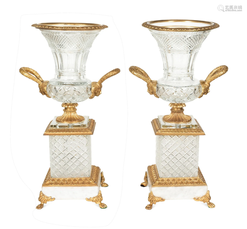 A Pair of Empire Style Gilt Bronze Mounted Cut Glass Urns