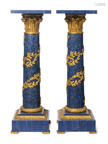 A Pair of Empire Style Gilt Bronze and Lapis Lazuli Pedestal...