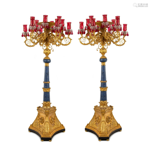 A Pair of Monumental Empire Style Gilt Bronze and Lapis Lazu...