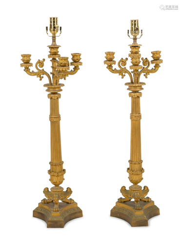 A Pair of Charles X Gilt Bronze Three-Light Candelabra Mount...