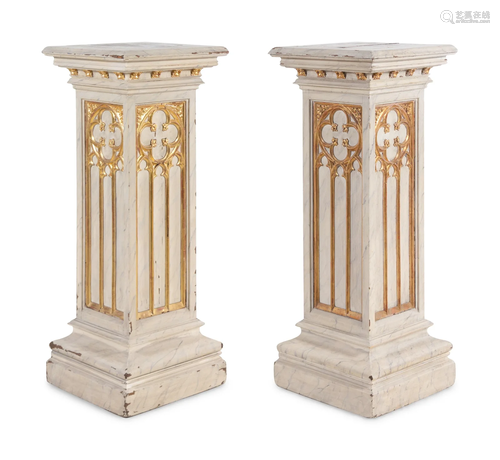 A Pair of French Gothic Revival Painted and Parcel Gilt Pede...