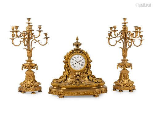 A Large French Gilt Bronze Clock Garniture