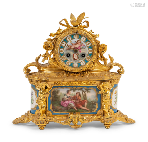 A French Gilt Bronze and Sevres Style Porcelain Mantel Clock