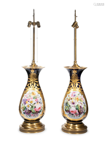 A Pair of Sevres Style Porcelain Vases Mounted as Lamps