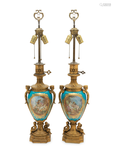 A Pair of Sevres Style Gilt Bronze Mounted "Jeweled&quo...