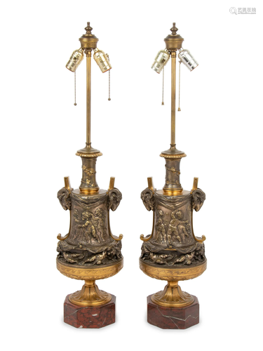 A Pair of French Gilt and Silvered Bronze and Marble Urns Mo...