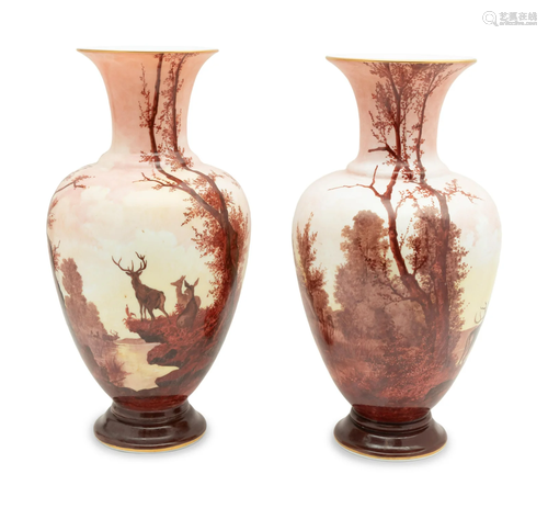 A Large Pair of French Painted Opaline Glass Vases