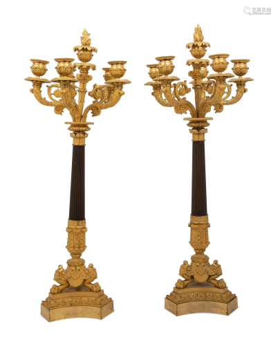 A Pair of Neoclassical Gilt and Patinated Bronze Six-Light C...